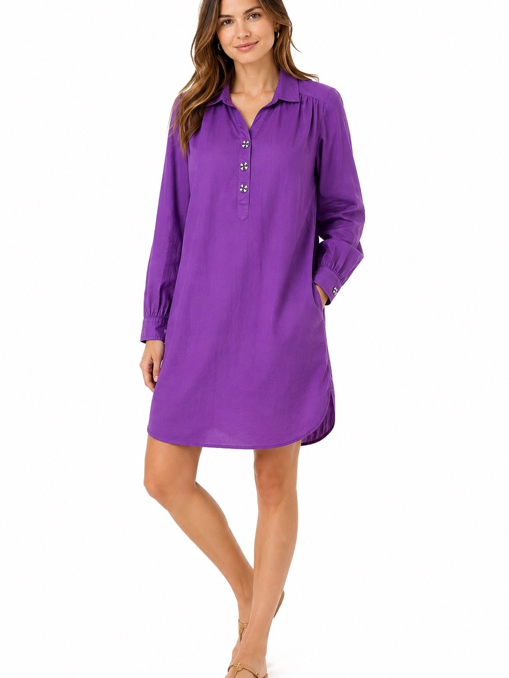 Tory Burch Purple 100% Cotton Long Sleeve Tunic Dress Beaded Buttons Size 8